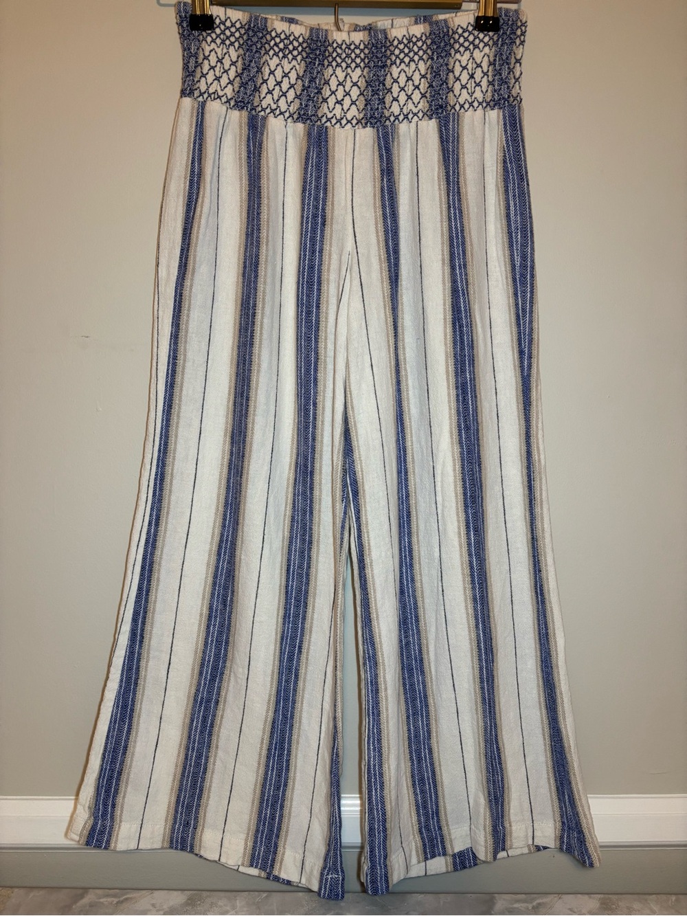 Indigo Rein Blue & White Vertical Stripe Wide-Leg Women’s Linen Pants